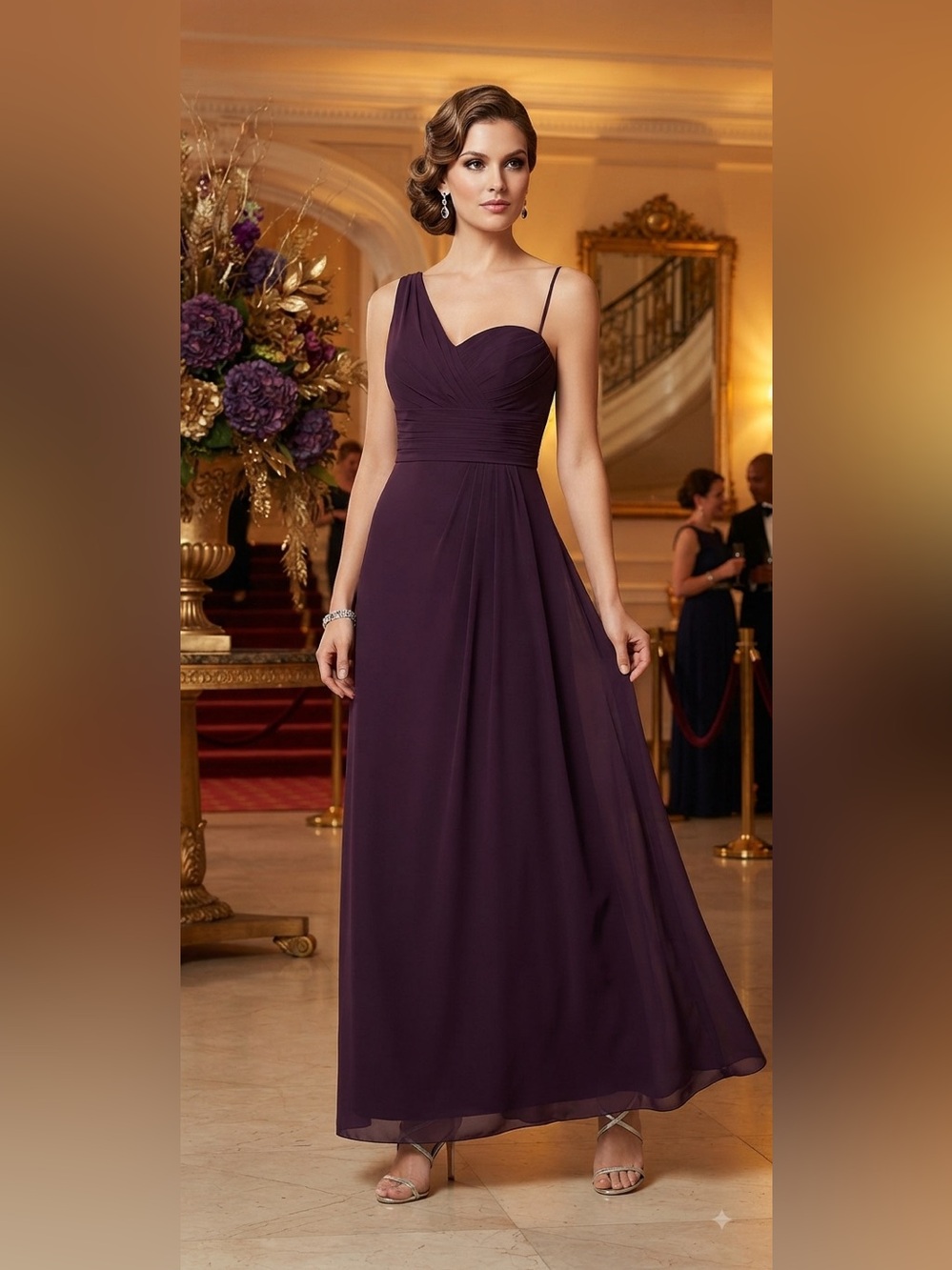 Watters & Watters Plum One-Shoulder Evening Gown